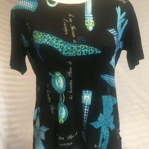 Vintage Everywhere Women's Black Blue Top Blouse Tunic Shoe Glove Print Size Med